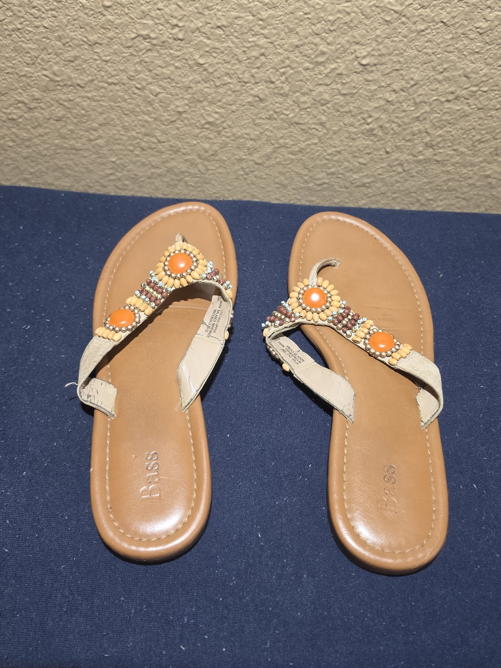 Bass Tan Leather Flip Flop Sandals with Orange Beaded Accents - Picture 3 of 5